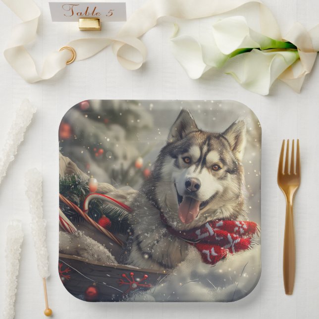 Siberian Husky Dog Christmas Festive Paper Plate (Wedding)