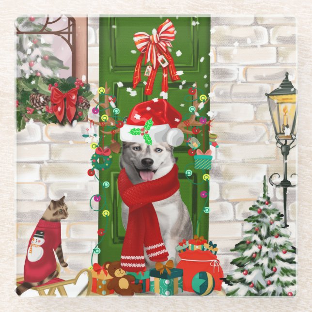 Siberian Husky Dog Christmas  Glass Coaster (Front)