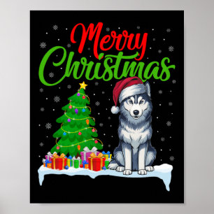 Siberian Husky Dog Christmas Tree Light Funny Xmas Poster