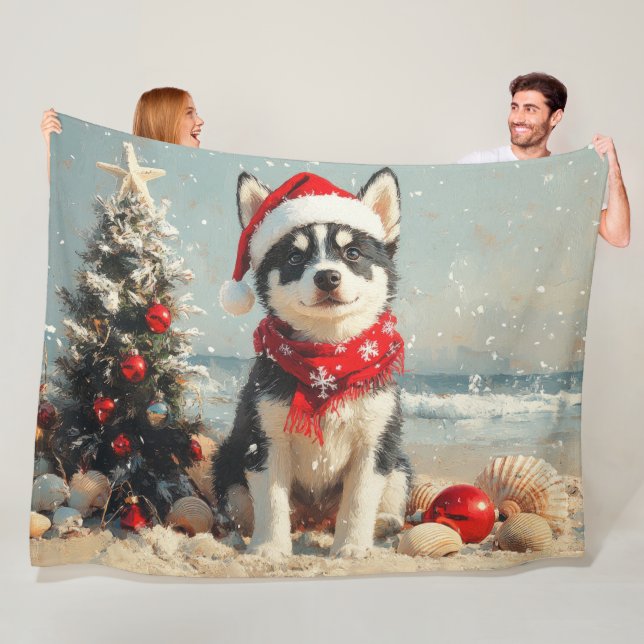 Siberian Husky Dog Christmas Vintage Beach Fleece Blanket (In Situ)