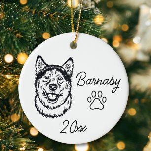 Siberian Husky Dog Custom Name and Year Line Art Ceramic Ornament