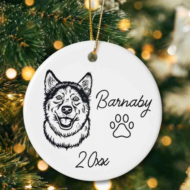 Siberian Husky Dog Custom Name and Year Line Art Ceramic Ornament (Siberian Husky Dog ornament with custom name and year and paw print. Black and White Line Art)