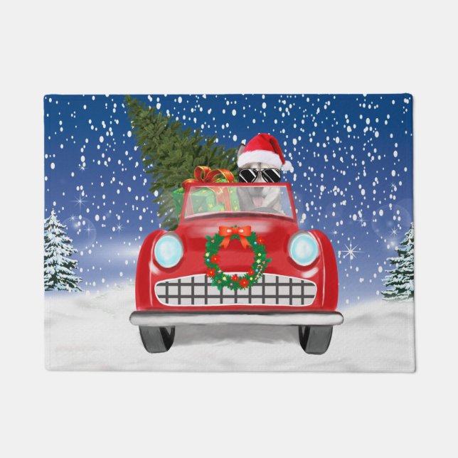 Siberian Husky Dog Driving Car In Snow Christmas   Doormat (Front)