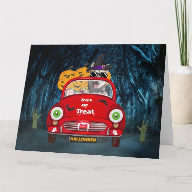 Siberian Husky Dog Driving Car Scary Halloween  Card (Front)