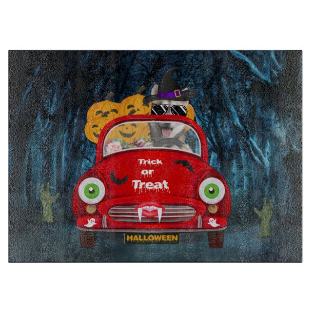 Siberian Husky Dog Driving Car Scary Halloween  Cutting Board (Front)