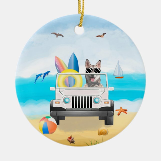 siberian husky dog Driving on Beach  Ceramic Ornament (Front)
