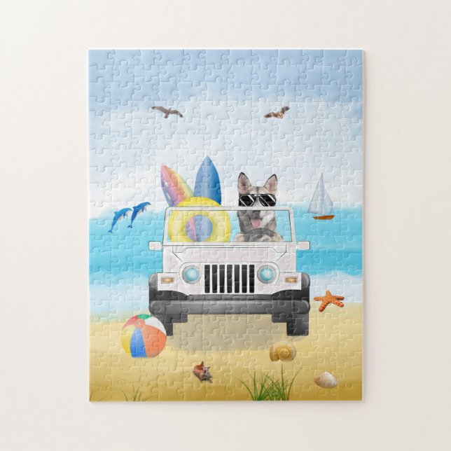 siberian husky dog Driving on Beach  Jigsaw Puzzle (Vertical)