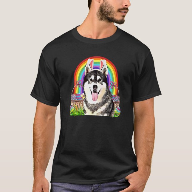 Siberian Husky Dog  Easter Bunny Egg Hunt Rainbow T-Shirt (Front)
