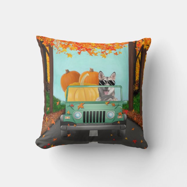 Siberian Husky Dog Fall Pumpkin Throw Pillow (Front)