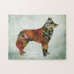 Siberian Husky Dog Floral On Green Jigsaw Puzzle