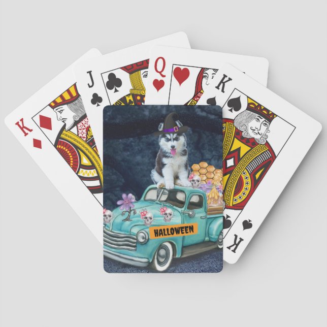 Siberian Husky Dog Halloween Truck Scary Night   Playing Cards (Back)