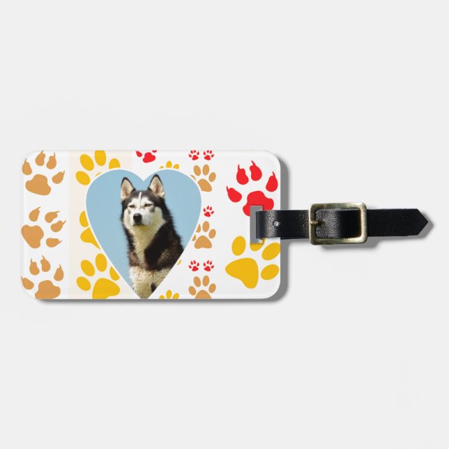 Siberian Husky Dog Heart Paws Print Luggage Tag (Front Horizontal)