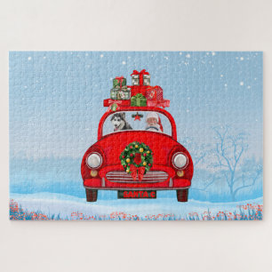 Siberian Husky Dog In Car With Santa Claus Jigsaw Puzzle