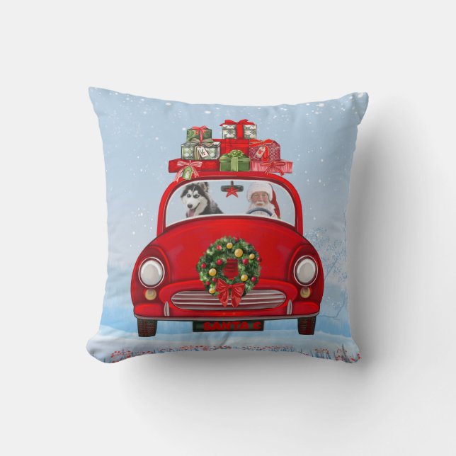 Siberian Husky Dog In Car With Santa Claus Throw Pillow (Front)
