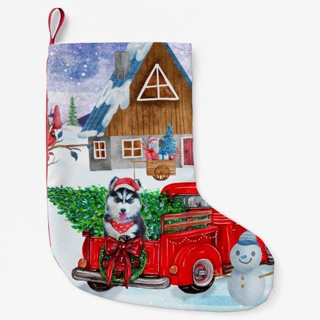 Siberian Husky Dog In Christmas Delivery Truck Small Christmas Stocking (Front)