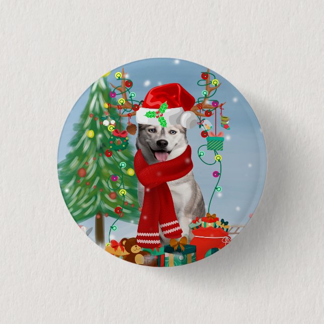 Siberian Husky Dog in Snow Christmas 1 Inch Round Button (Front)