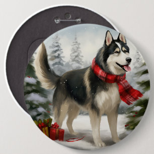 Siberian Husky Dog in Snow Christmas 6 Inch Round Button