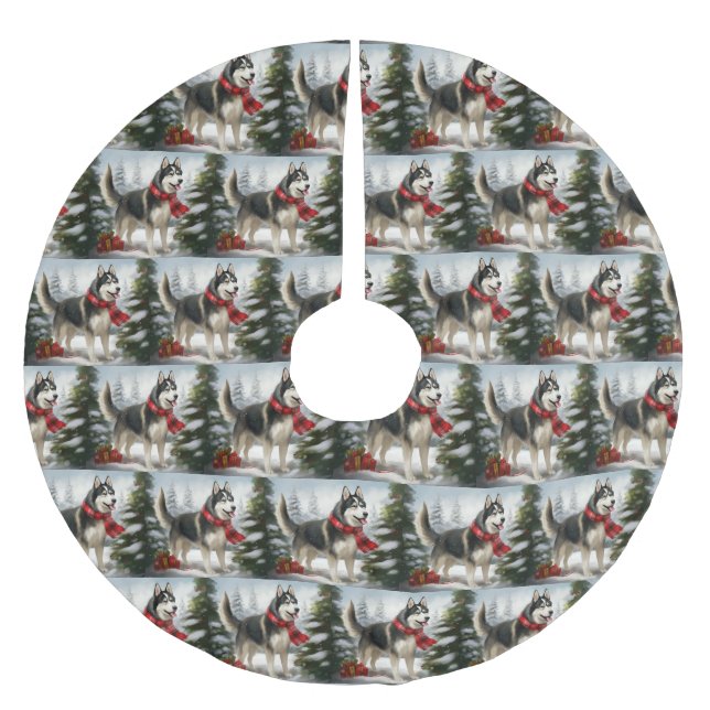 Siberian Husky Dog in Snow Christmas Brushed Polyester Tree Skirt (Front)