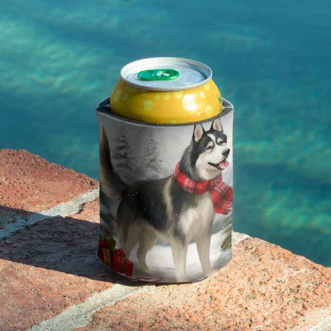 Siberian Husky Dog in Snow Christmas Can Cooler (In Situ Pool)