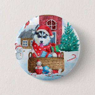 Siberian Husky Dog In snow Christmas Dog House 2 Inch Round Button