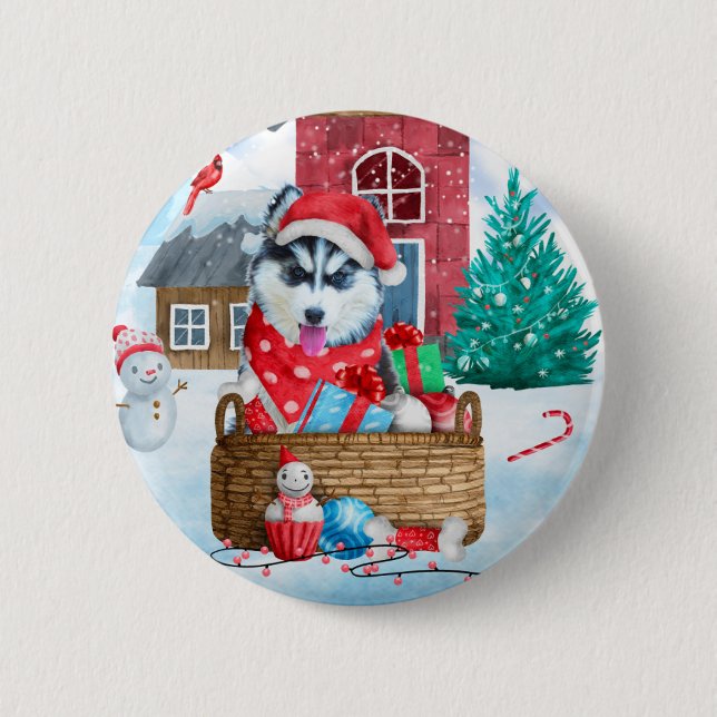 Siberian Husky Dog In snow Christmas Dog House 2 Inch Round Button (Front)