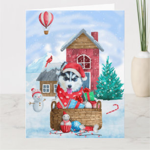 Siberian Husky Dog In snow Christmas Dog House Card