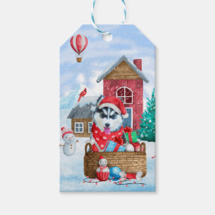 Siberian Husky Dog In snow Christmas Dog House Gift Tags
