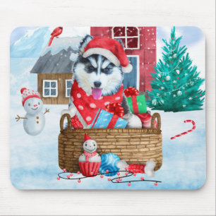 Siberian Husky Dog In snow Christmas Dog House Mouse Pad