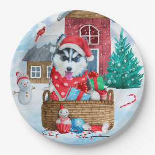 Siberian Husky Dog In snow Christmas Dog House Paper Plate