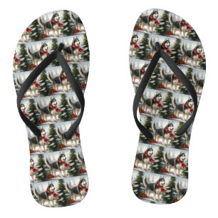 Siberian Husky Dog in Snow Christmas Flip Flops