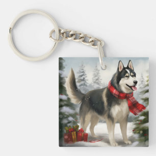 Siberian Husky Dog in Snow Christmas Keychain