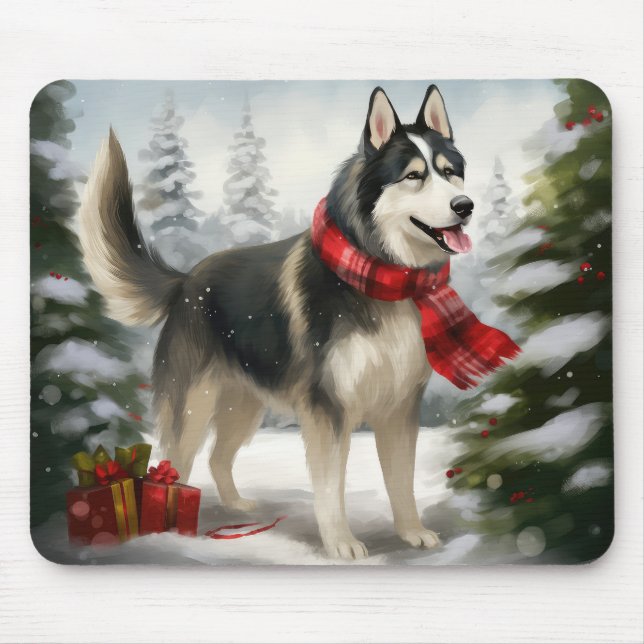 Siberian Husky Dog in Snow Christmas Mouse Pad (Front)