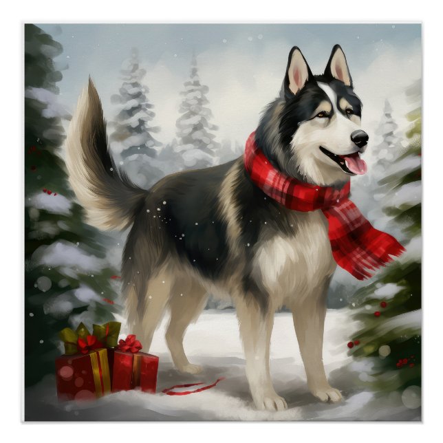 Siberian Husky Dog in Snow Christmas Poster (Front)
