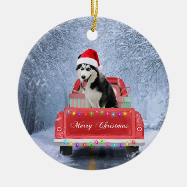 Siberian Husky Dog in Snow sitting Christmas Truck Ceramic Ornament (Front)