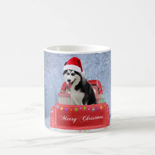 Siberian Husky Dog in Snow sitting Christmas Truck Coffee Mug (Center)