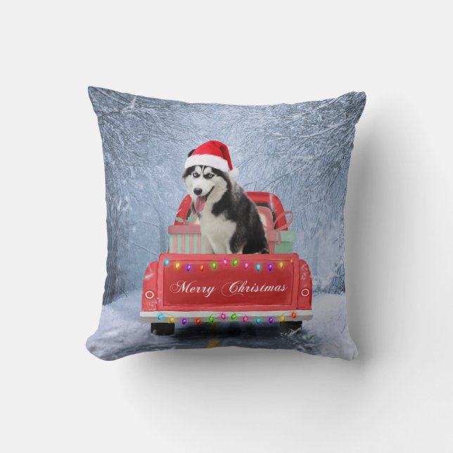 Siberian Husky Dog in Snow sitting Christmas Truck Throw Pillow (Front)