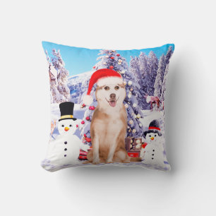 Siberian Husky Dog In Snow with Christmas Hat Throw Pillow