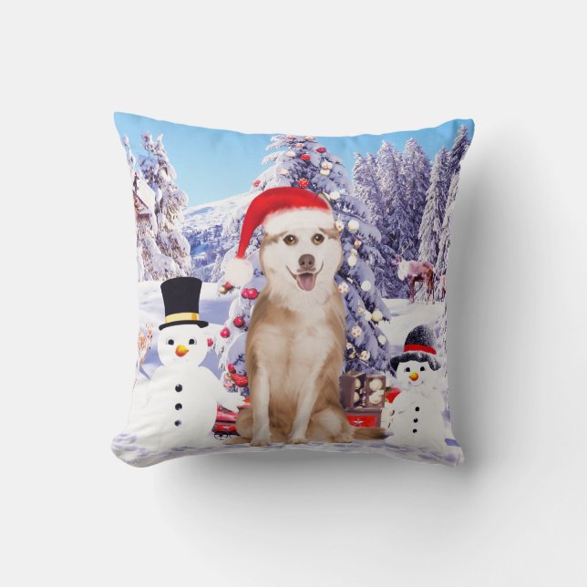 Siberian Husky Dog In Snow with Christmas Hat Throw Pillow (Front)