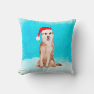 Siberian Husky Dog In Snow with Christmas Hat Throw Pillow