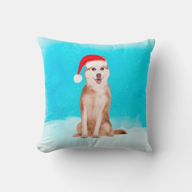 Siberian Husky Dog In Snow with Christmas Hat Throw Pillow (Front)