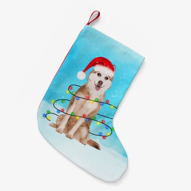 Siberian Husky Dog In Snow with Santa Hat Lights Small Christmas Stocking (Front (Hanging))
