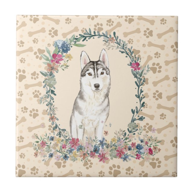 Siberian Husky Dog Paw Print Floral Cute Beige Tile (Front)
