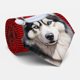 Siberian Husky Dog Red Buffalo Plaid Christmas Tie
