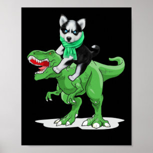 Siberian Husky Dog Riding Dinosaur Cool Halloween Poster