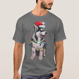 Siberian Husky Dog Santa Hat Christmas Tree Lights T-Shirt
