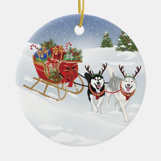 Siberian Husky Dog Sledding With Christmas Sleigh! Ceramic Ornament (Front)