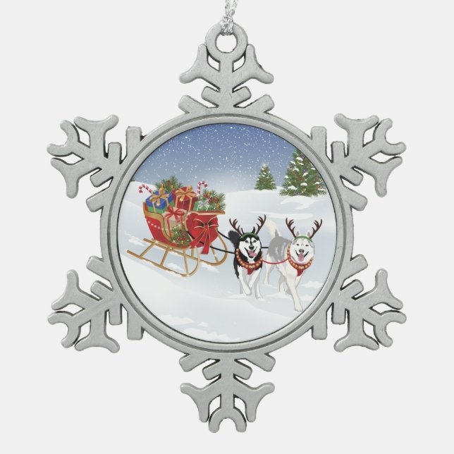 Siberian Husky Dog Sledding With Christmas Sleigh! Snowflake Pewter Christmas Ornament (Front)