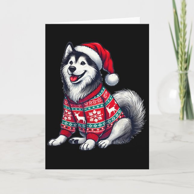 Siberian Husky Dog Ugly Sweater Santa Hat Christma Card (Front)