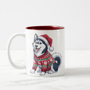 Siberian Husky Dog Ugly Sweater Santa Hat Xmas Two-Tone Coffee Mug