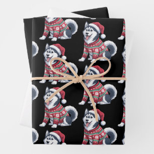 Siberian Husky Dog Ugly Sweater Santa Hat Xmas Wrapping Paper Sheet